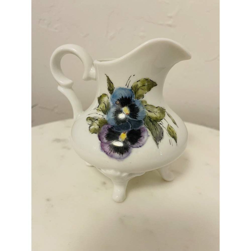 Vintage Hand Painted Pitcher‎ Pansies Purple Flowers